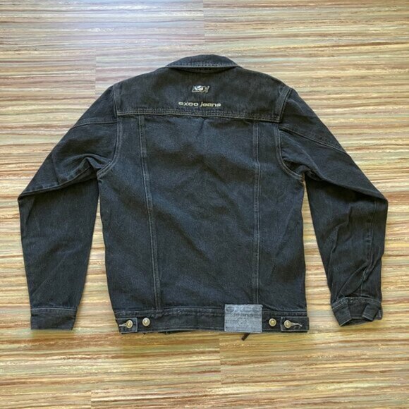 Exco Jean Jacket Black Denim Utility Pockets Vintage 90s Unisex Oversized - Picture 11 of 12